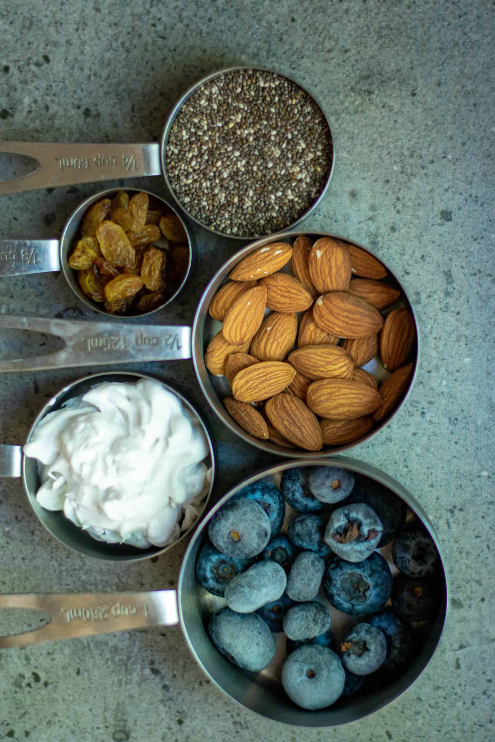 Ingredients for chia pudding with blueberries.