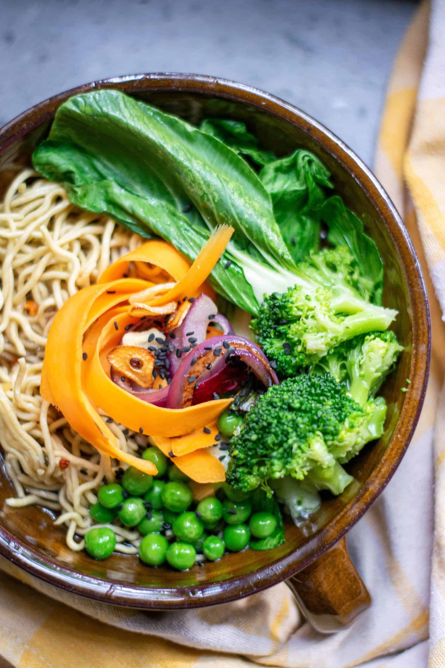 Overhead close up shot of vegetable ramen.