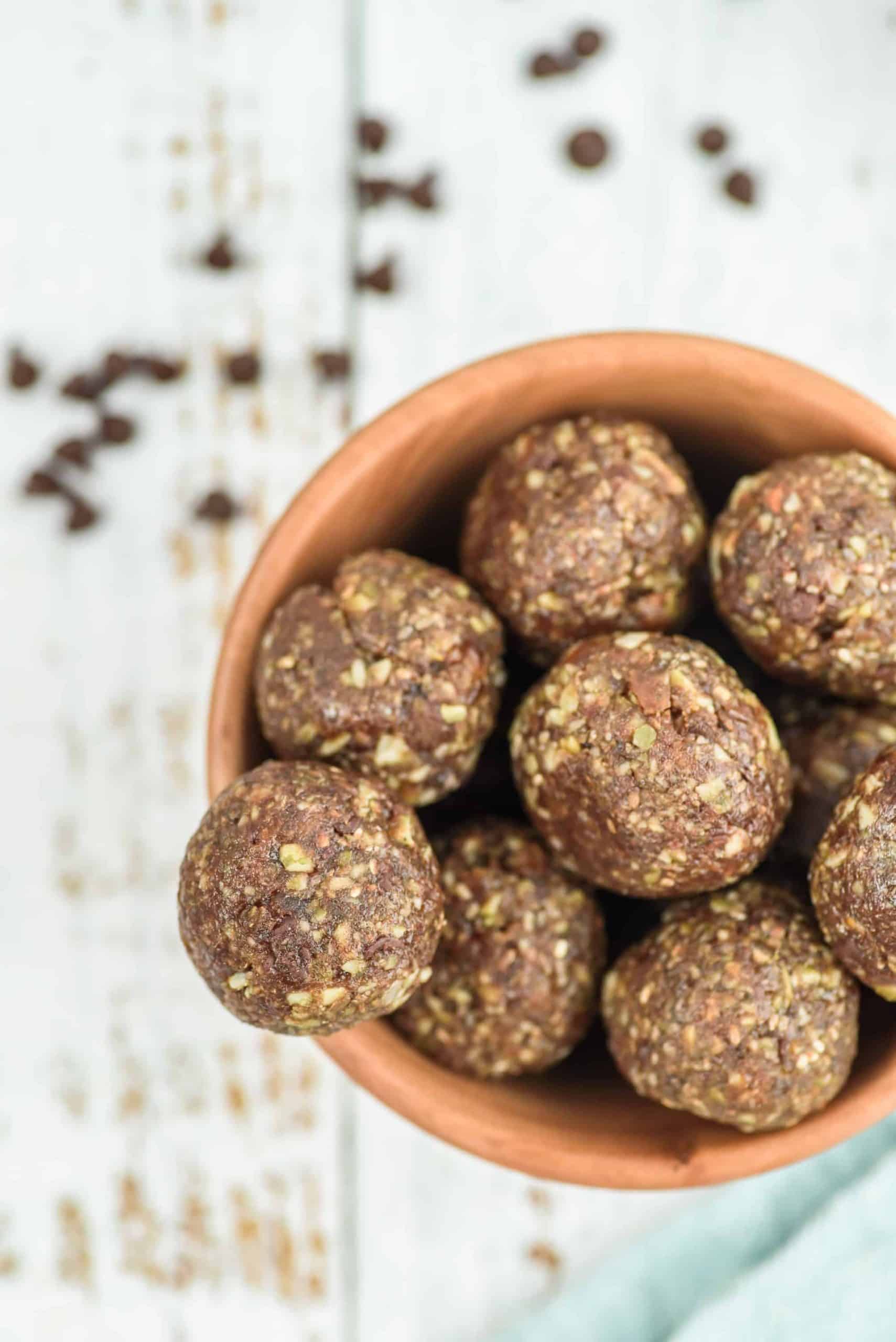 Overhead shot of healthy no-bake peanut butter crunch balls.