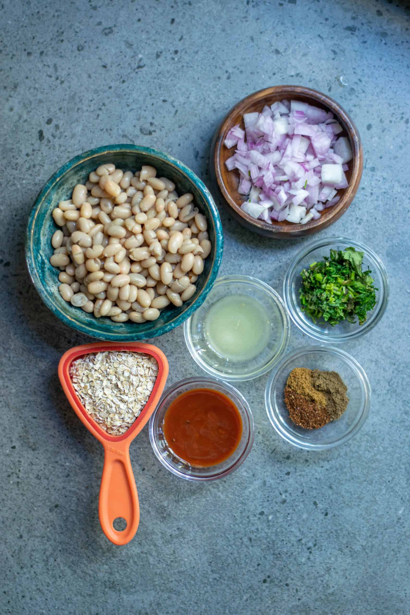Ingredients needed for vegan white bean burgers.