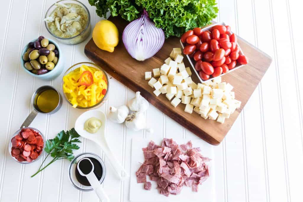 Salad Ingredients on a white board background.