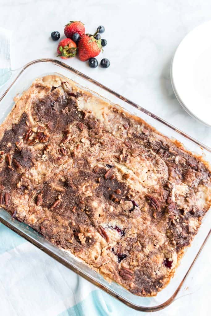 Baked Blueberry Strawberry Dump Cake in baking dish.