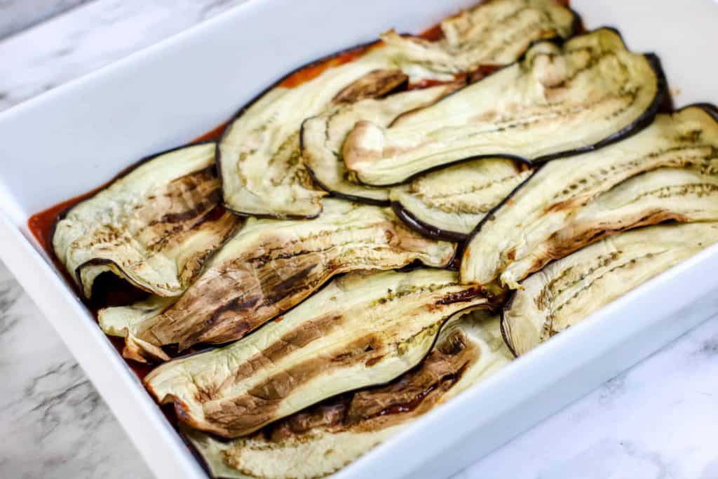 baked sliced eggplant in dish