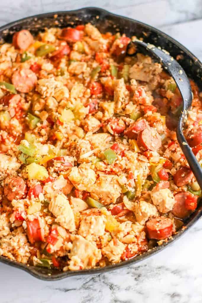 Closeup of Easy to Make Keto Jambalaya in a black iron skillet.