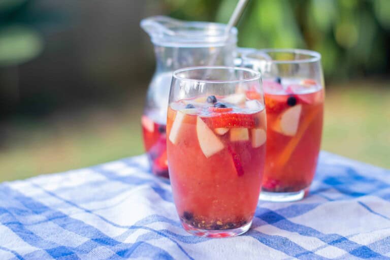 Sangria with Vodka on a blue checked table cloth