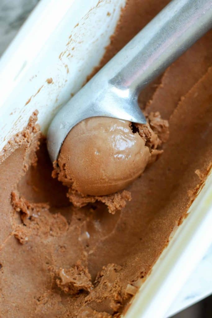 Close up of scoop of Peanut Butter Banana Chocolate Nice Cream