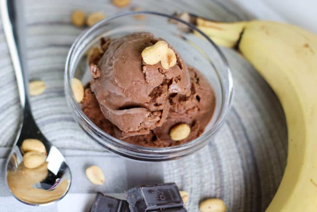 Overhead view of Peanut Butter Banana Chocolate Nice Cream