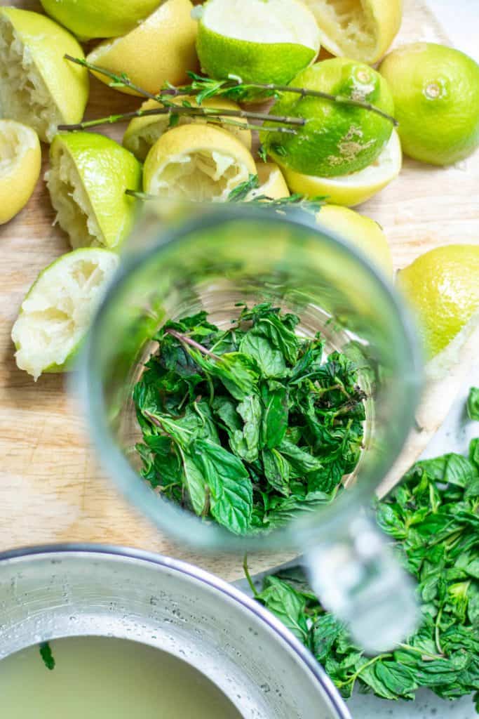 Overhead view of mint leaves in a glass pitcher with squeezed lemons and limes on the side.