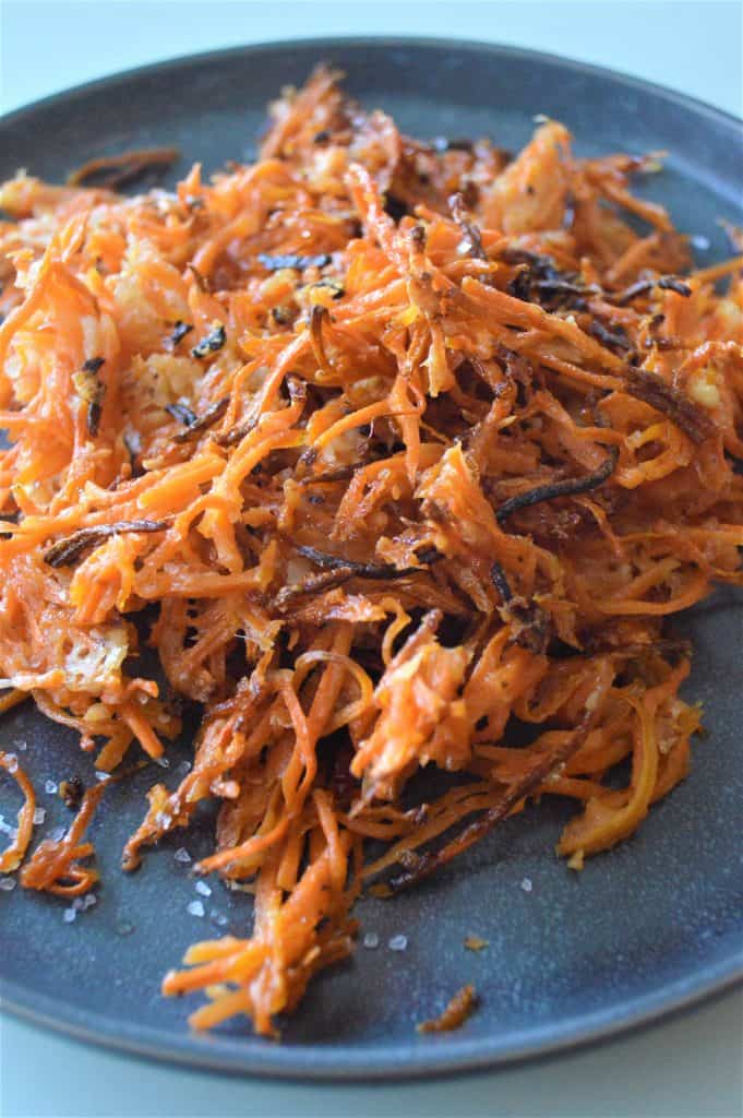 Closeup of carrot fries on a plate.