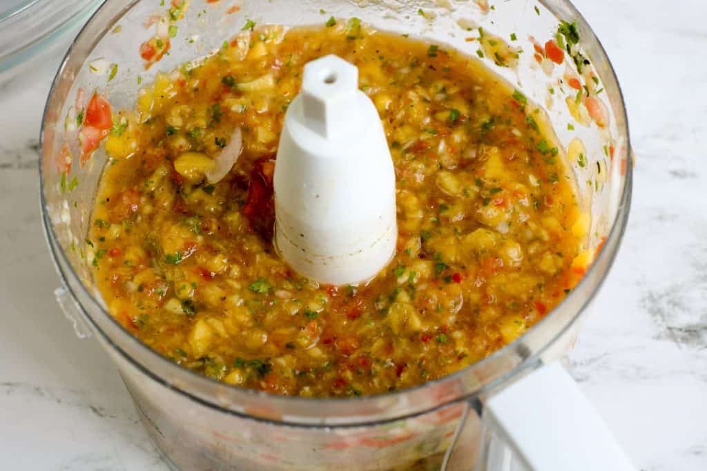 fresh peach salsa blended in a food processor.