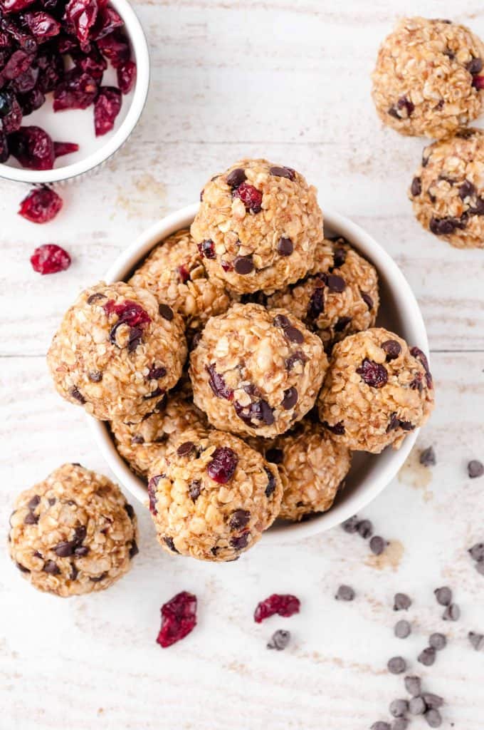 Overhead view of Vegan Protein Balls on a white background.