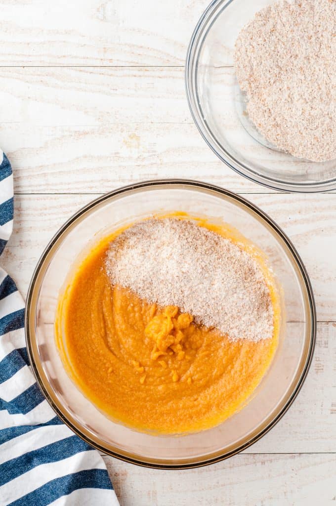 Dry ingredients being added to wet ingredients for muffin.