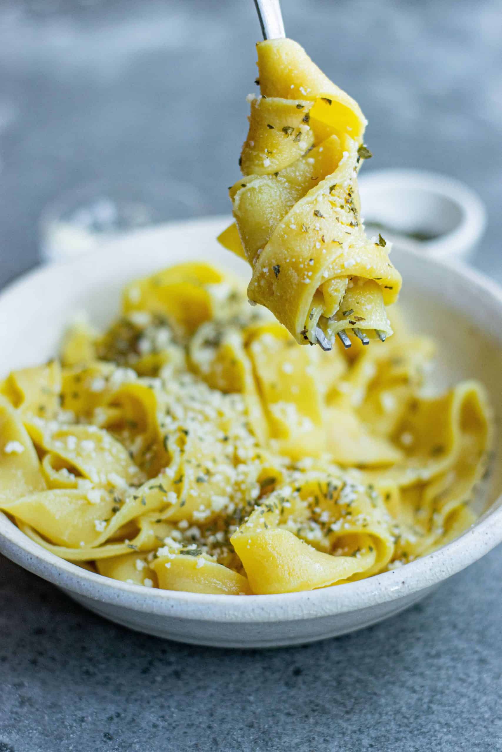 Spaghetti twirled on a fork.