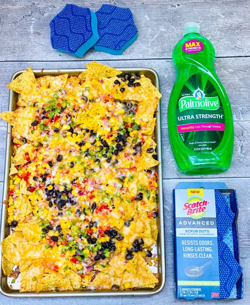 Loaded Vegetarian Nachos, Palmolive dish soap and Scotch Brite Scrub Dots.