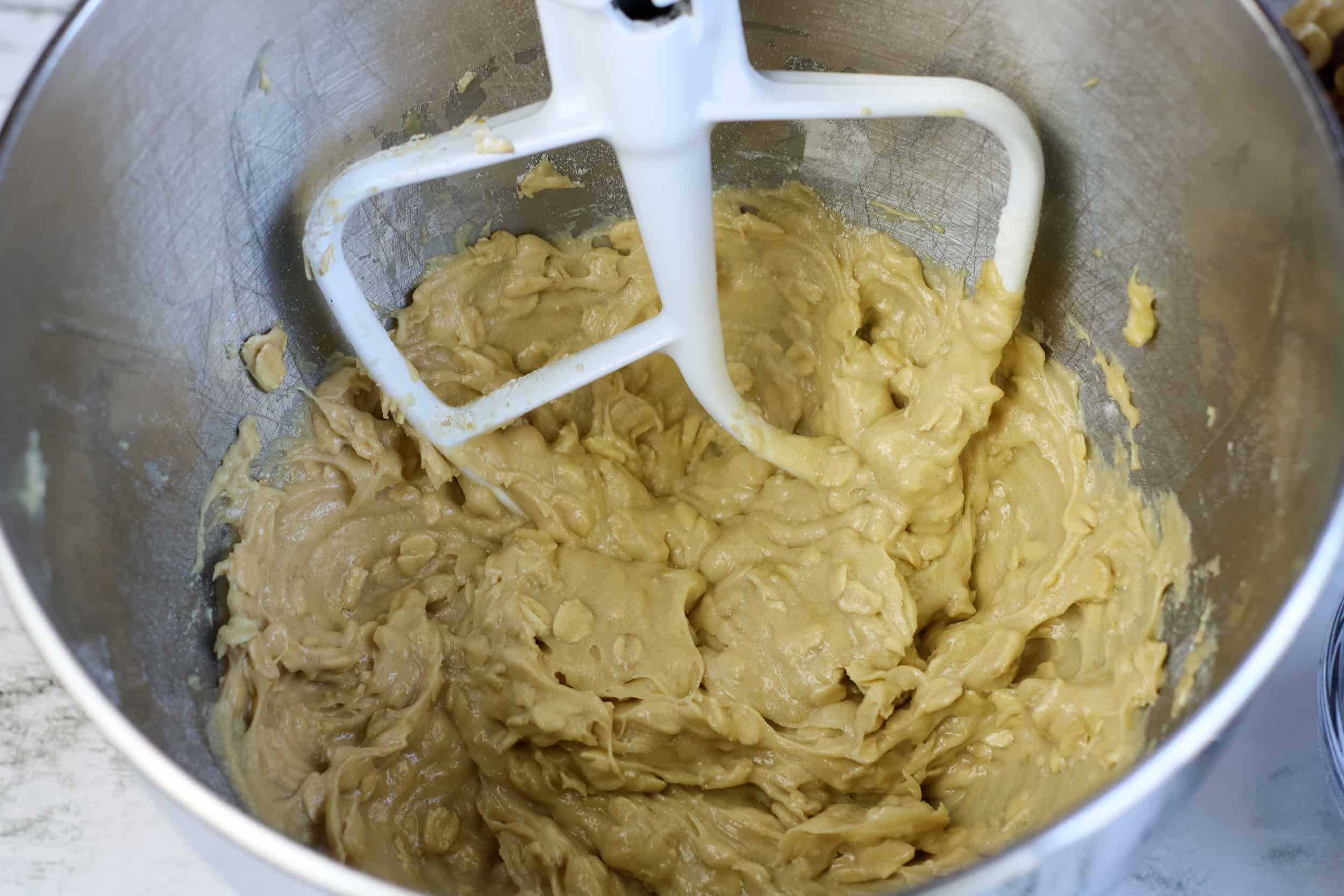 Cookie batter in mixing bowl.