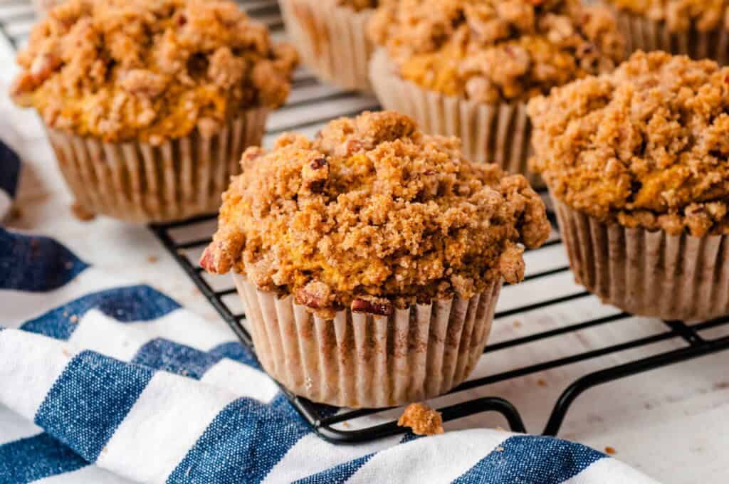 Closeup of pumpkin muffins on a cooling rack.