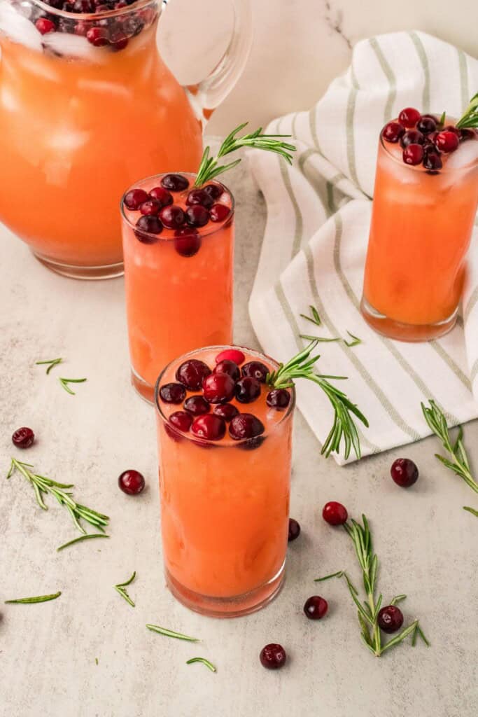 Pitcher of vodka cranberry orange juice with individual servings garnished with rosemary