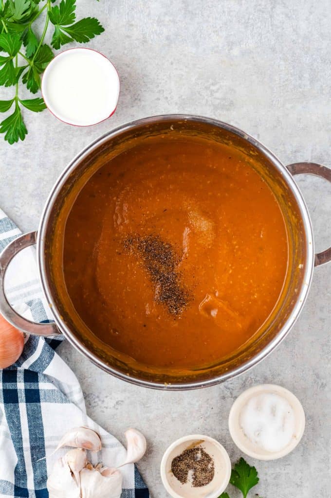 Overhead shot of pumpkin soup.