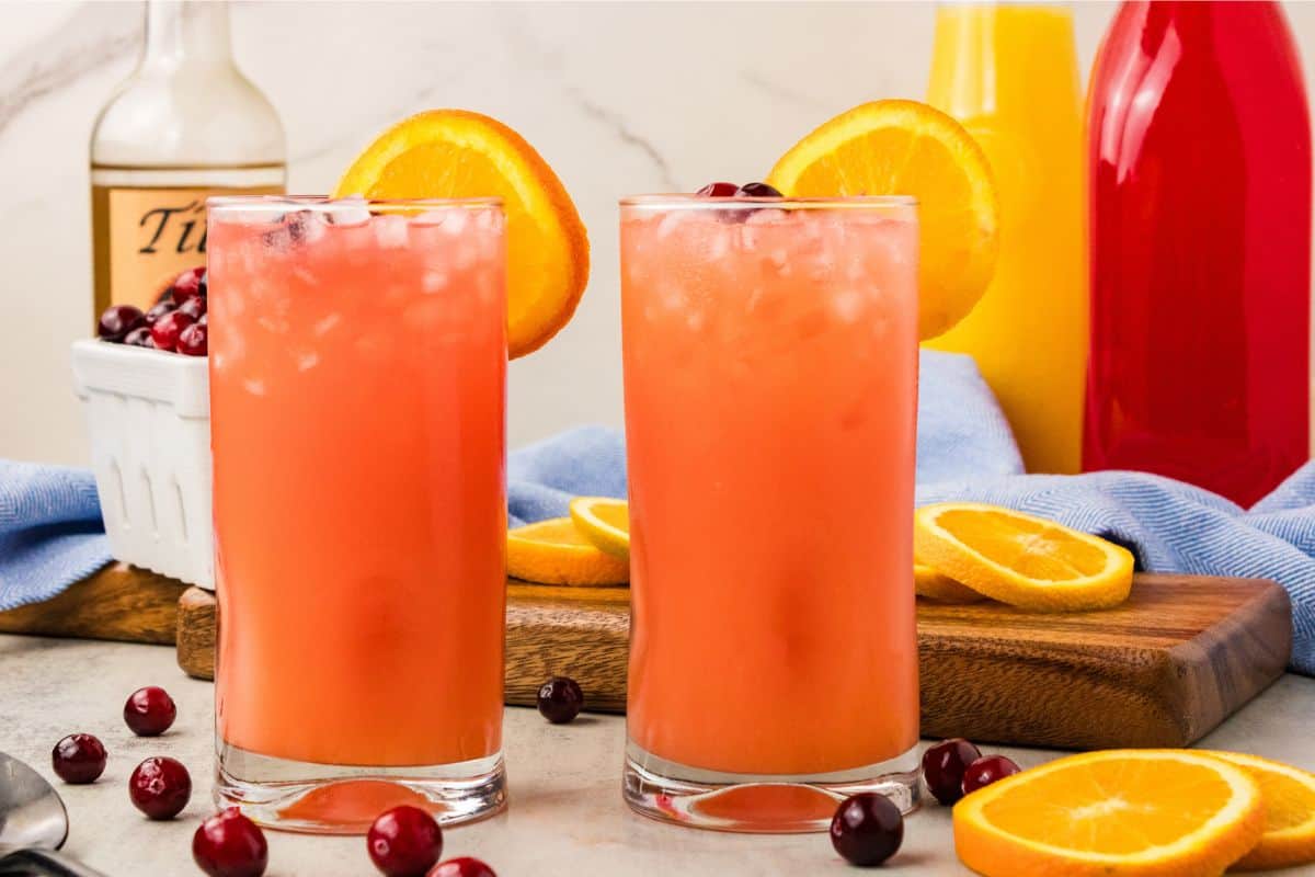 Two Madras cocktails served in tall glasses with vodka, cranberry juice, and orange juice