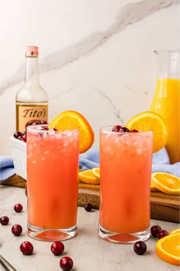 Vodka cranberry orange juice cocktail (Madras) garnished with orange slice and fresh cranberries in tall highball glasses