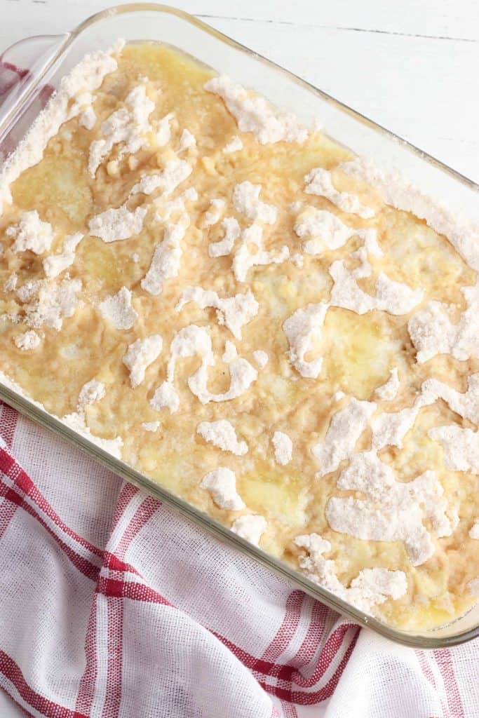 apple pie filling with cake mix o top of it.