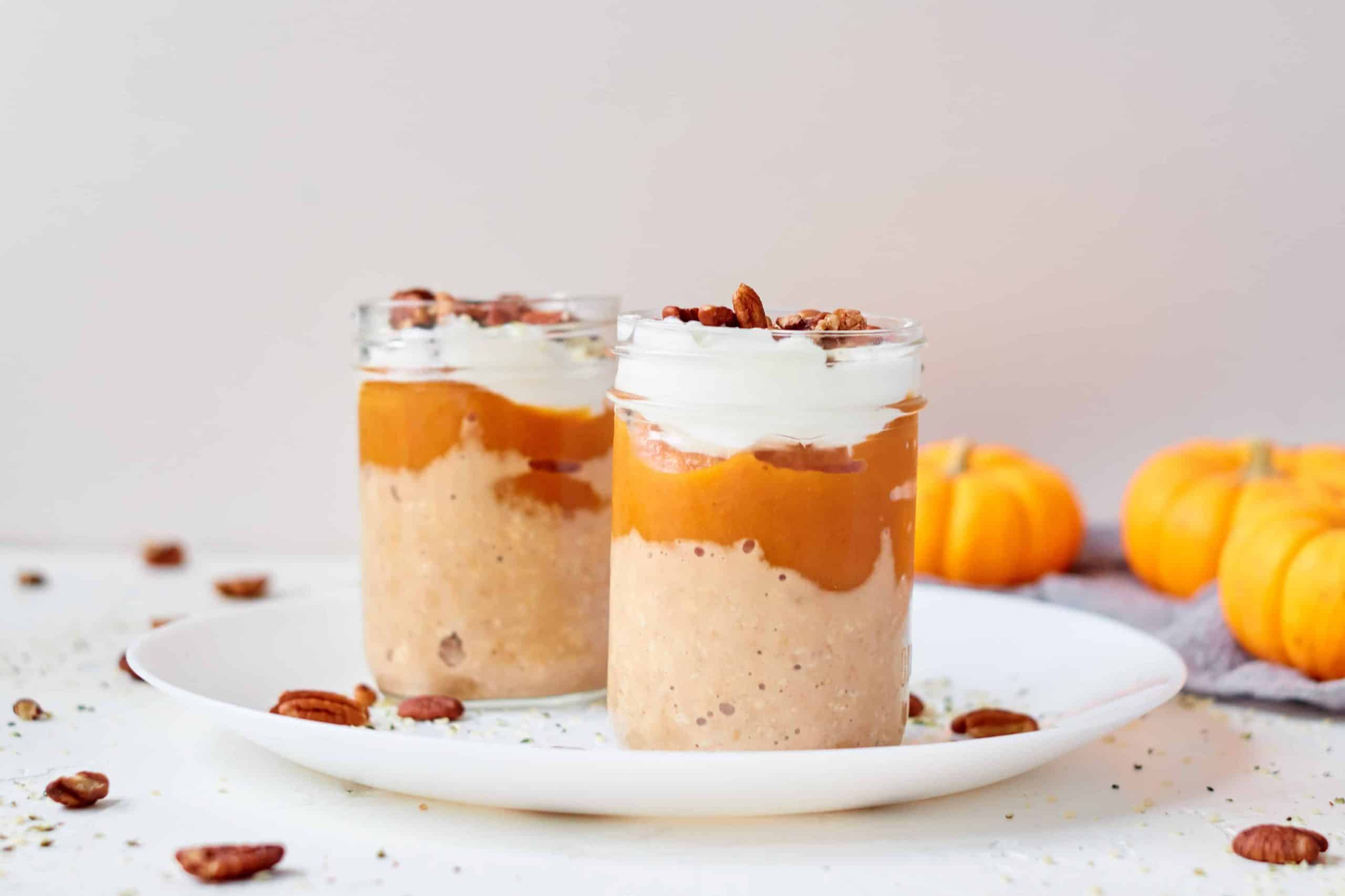 Pumpkin Pie Overnight Oats on a white plate.