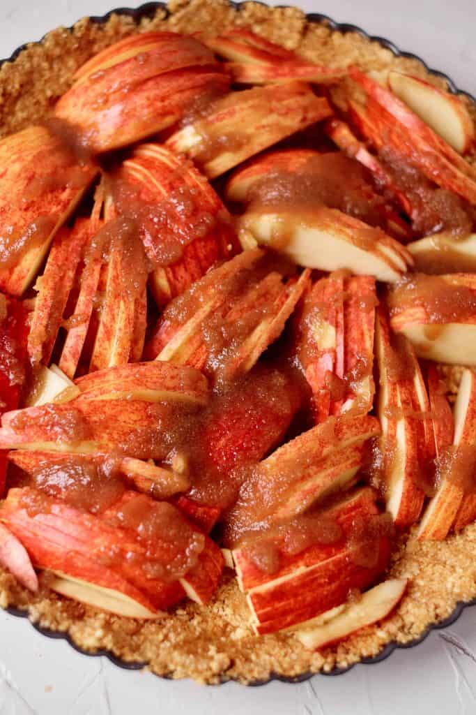 Thinly sliced apples drizzled with caramel.