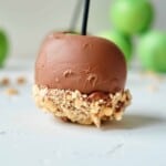 Chocolate dipped apple with peanuts