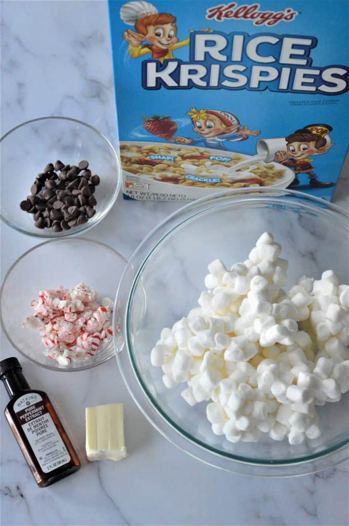 Ingredients for Chocolate Peppermint Rice Krispie Treats.