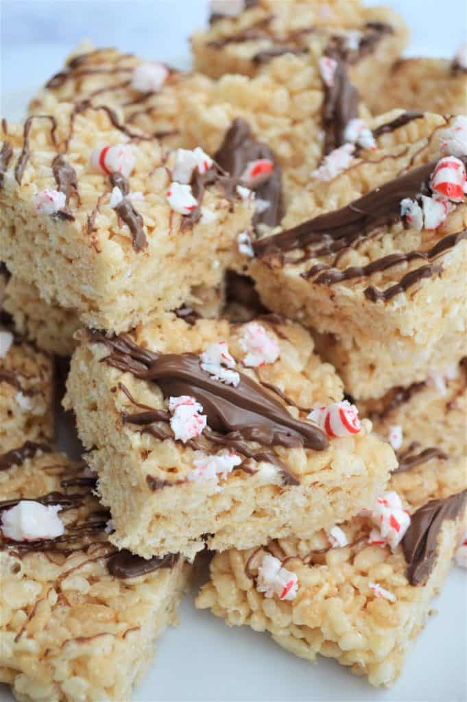 Pyramid of Christmas themed Rice Krispie Treats.