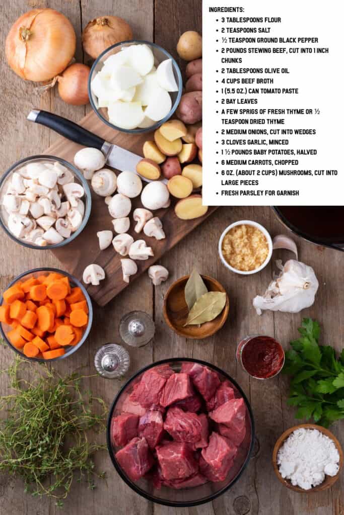 Overhead view of Dutch Oven Beef Stew Ingredients.