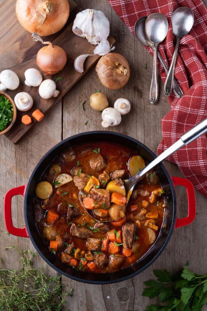 Overhead view of Dutch Oven BeefStew out of oven.