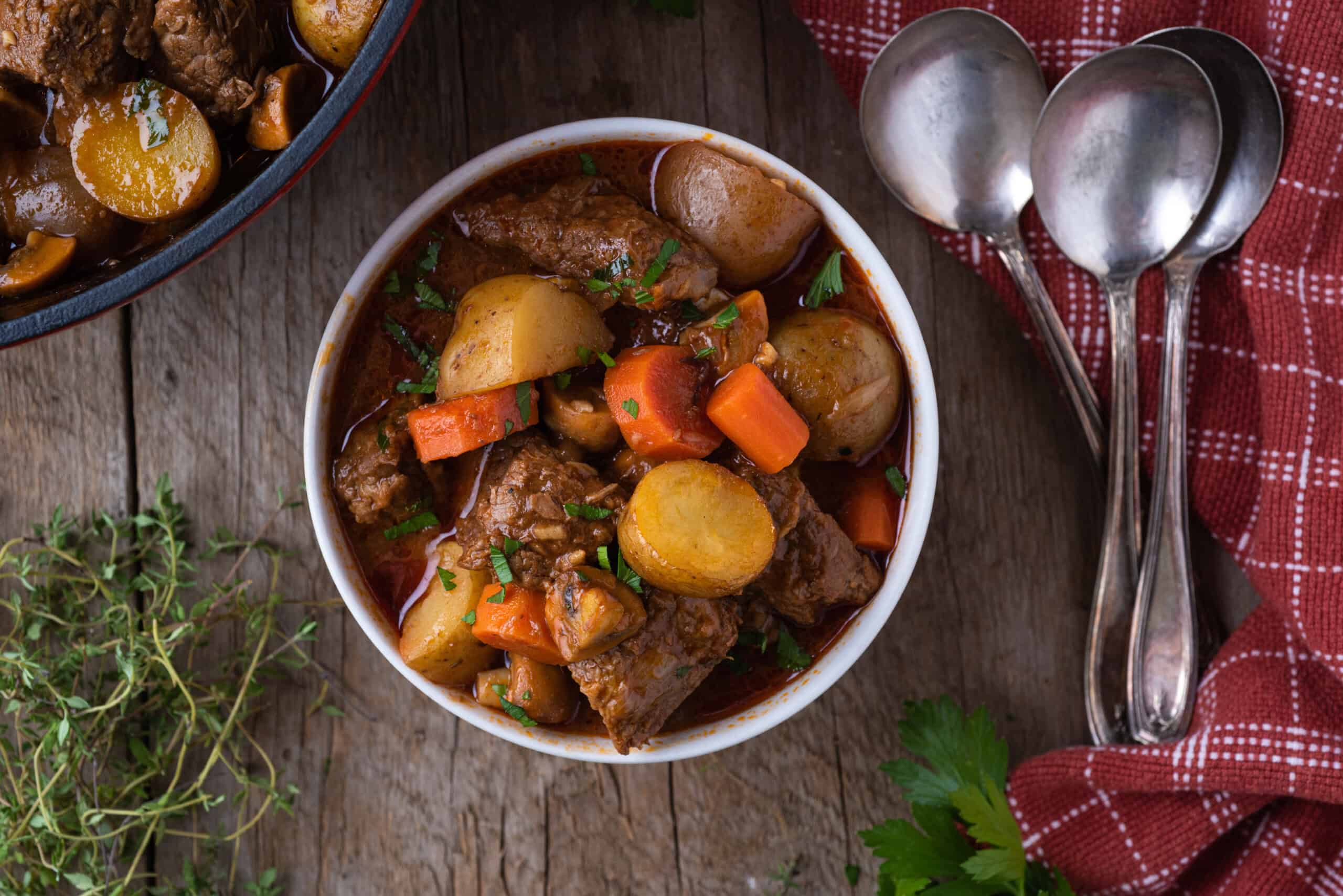 Overhead view of Dutch Oven Beef Stew.