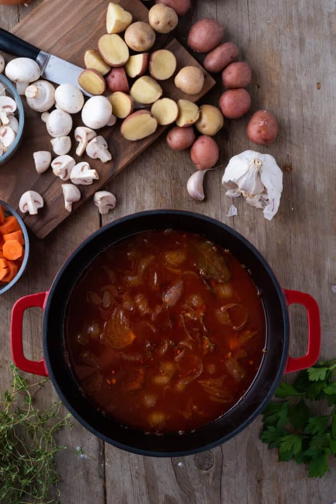 Overhead view of braised beef.