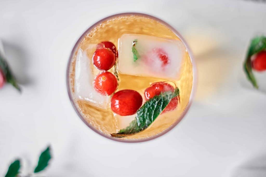 Overhead shot of glass of ginger ale with cranberries and mint.
