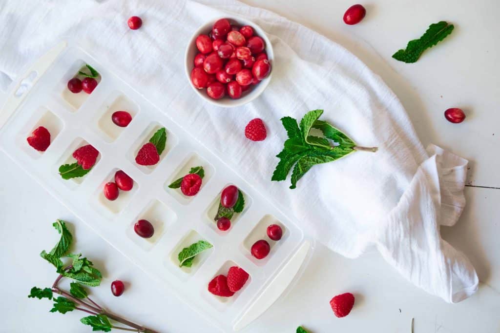 Cranberries, mint and raspberries in a white ice cube tray with bowl of cranberries beside it on a white background.