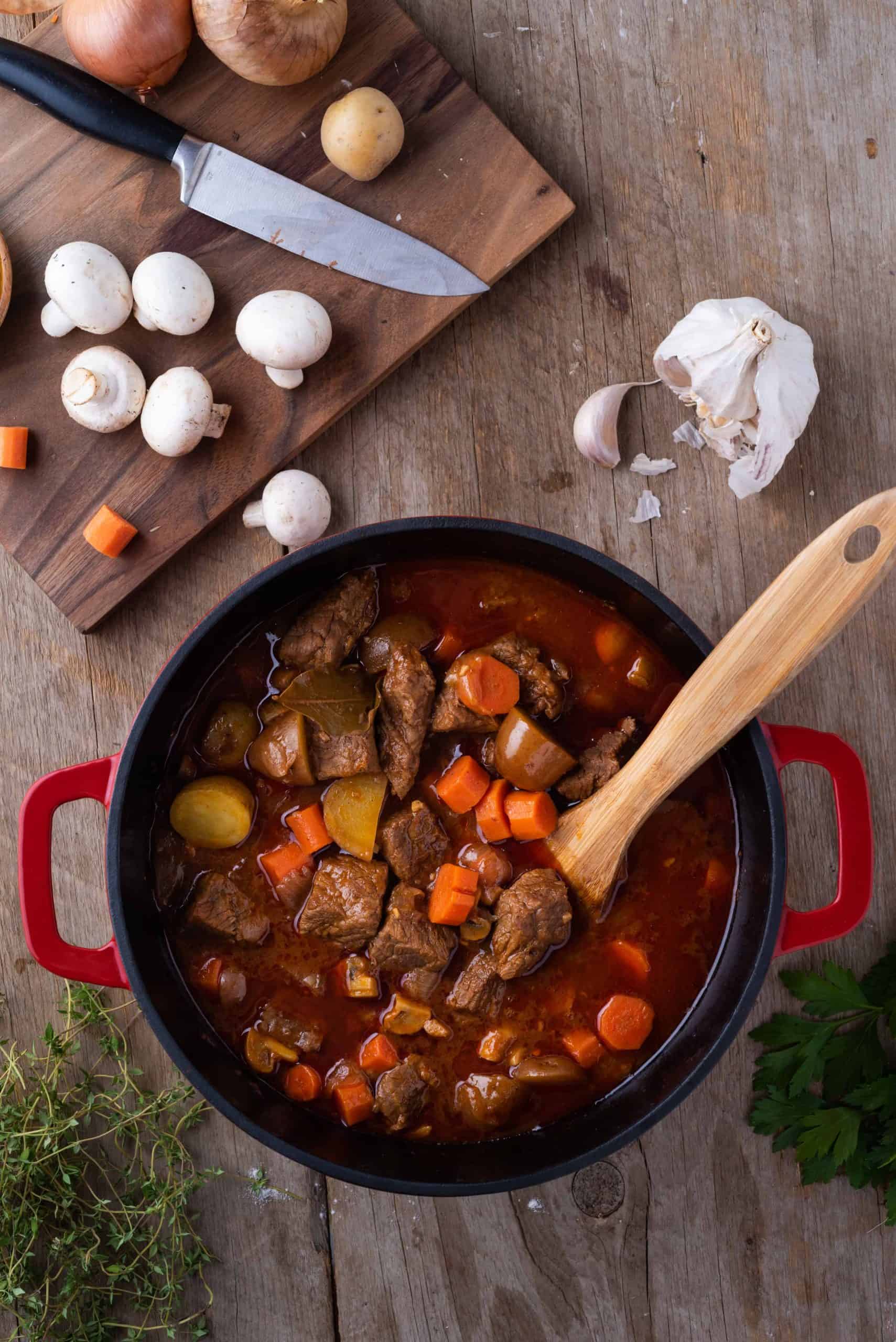 Cooked beef stew hot out of the oven.