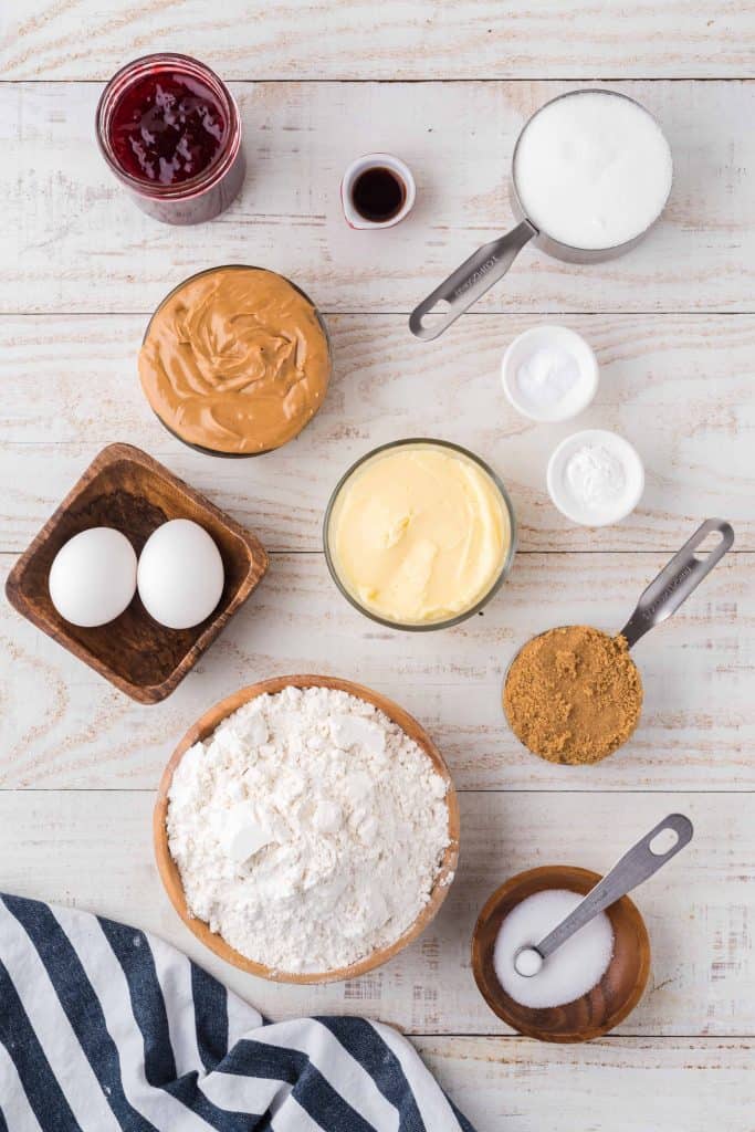 Overhead view of all ingredients needed for the cookie recipe.
