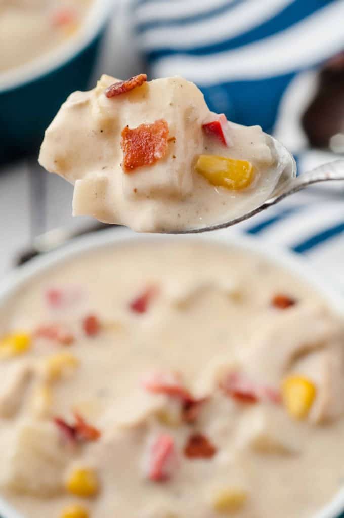 Close up of Chicken Corn Chowder on a spoon.
