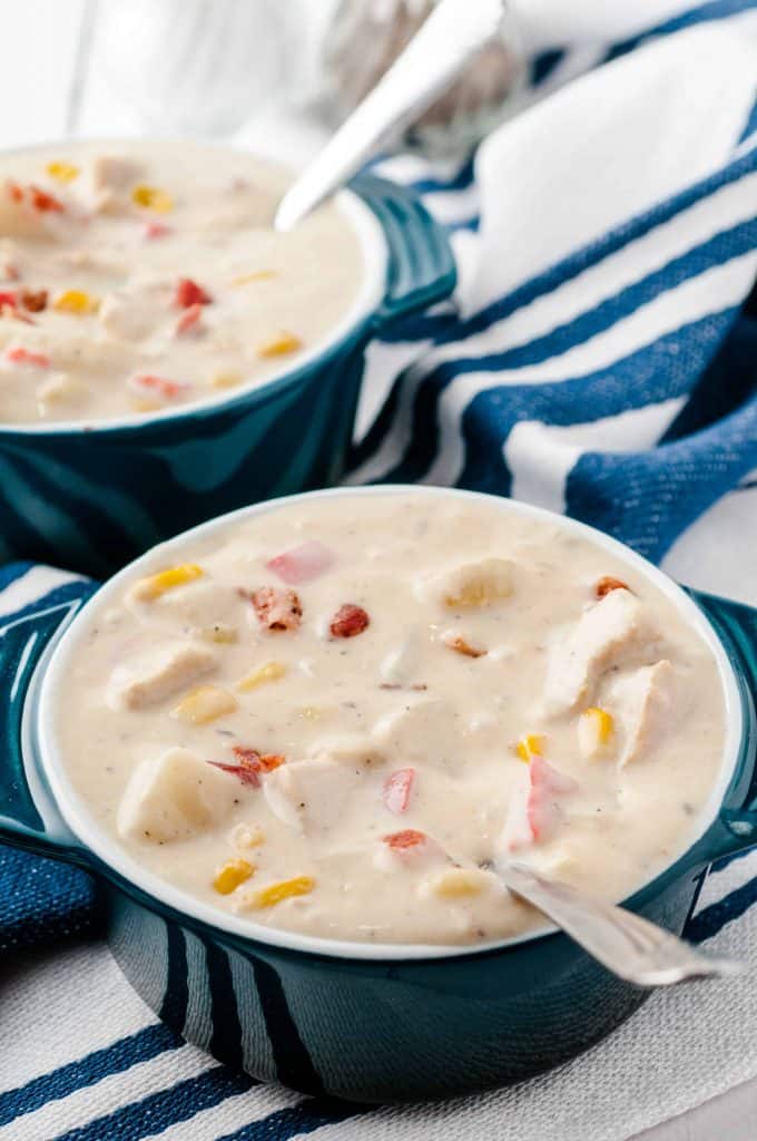 Chicken Corn Chowder in blue enamel bowls.