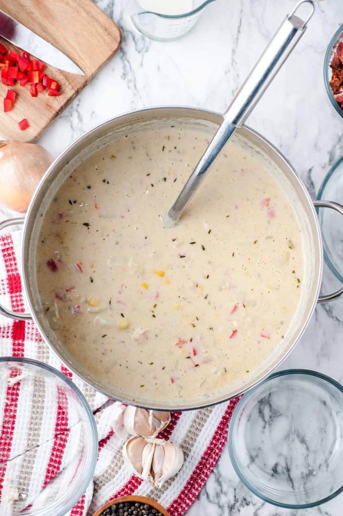 Chicken Corn Chowder in a sauce pan.