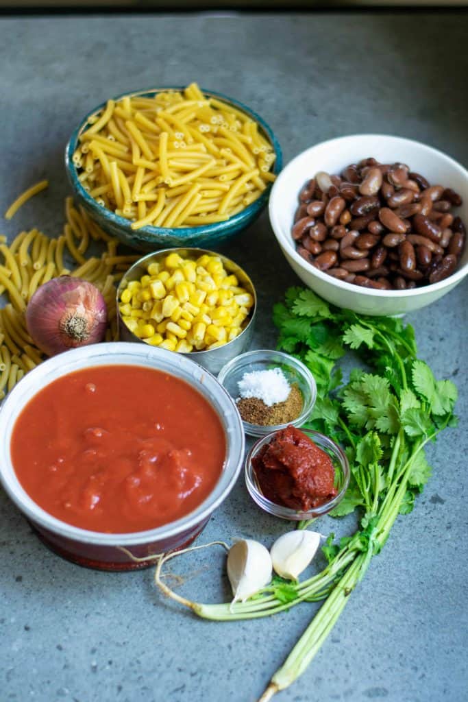 All of the ingredients needed to make Vegan Chili Mac.