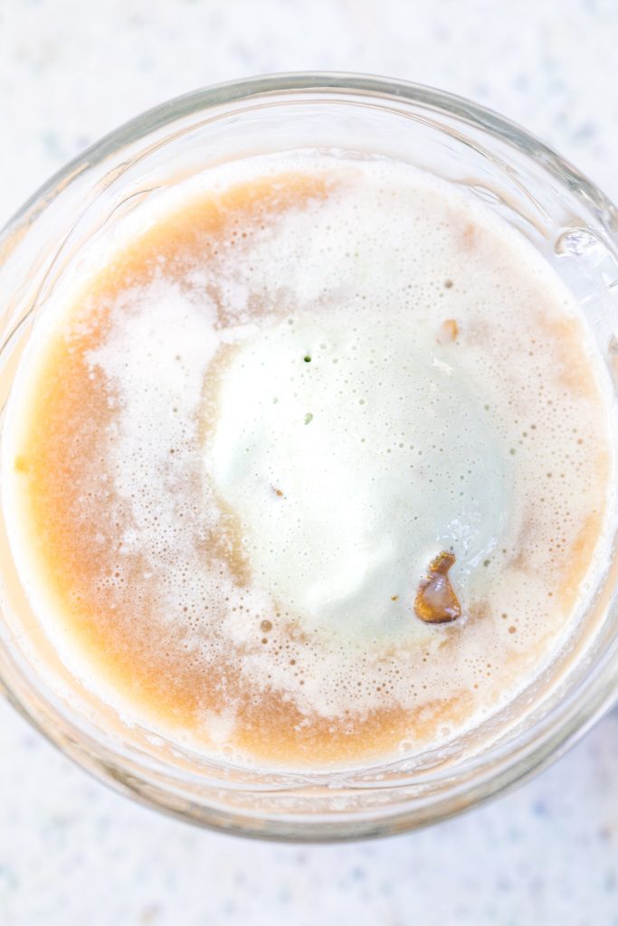 Overhead view of Irish coffee with ice cream.