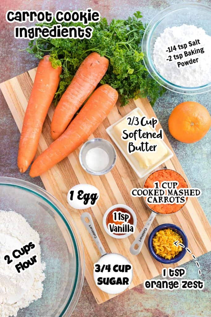 Overhead view of Ingredients for Carrot Cookies with text overlay of measurements.