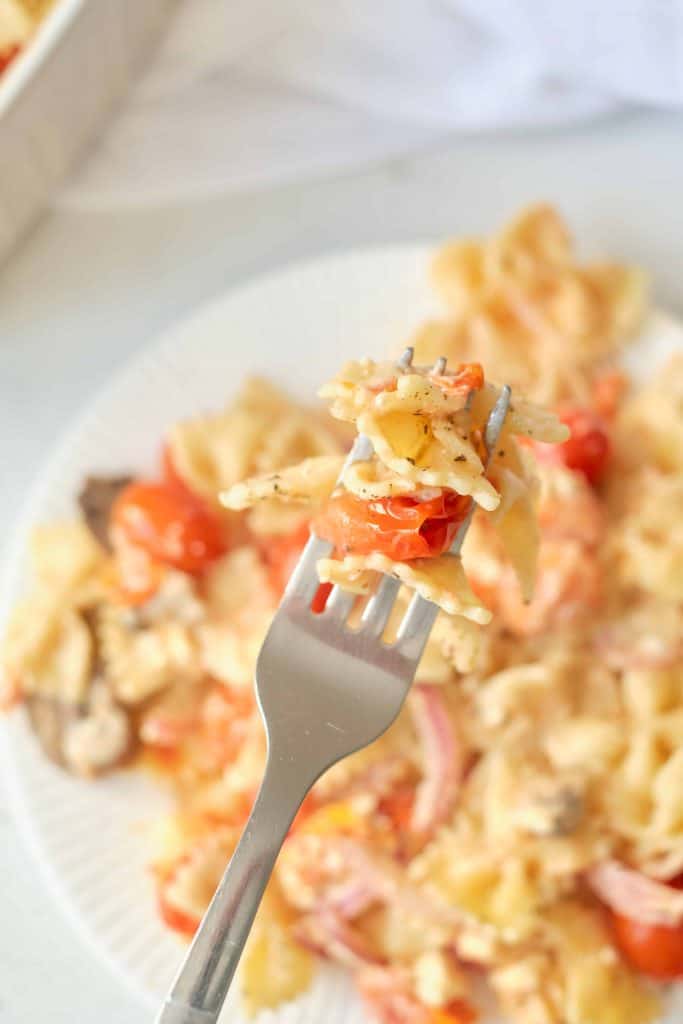 Closeup of tik tok pasta on a fork.