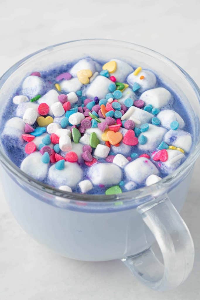 Galaxy Hot Chocolate in a glass cup.