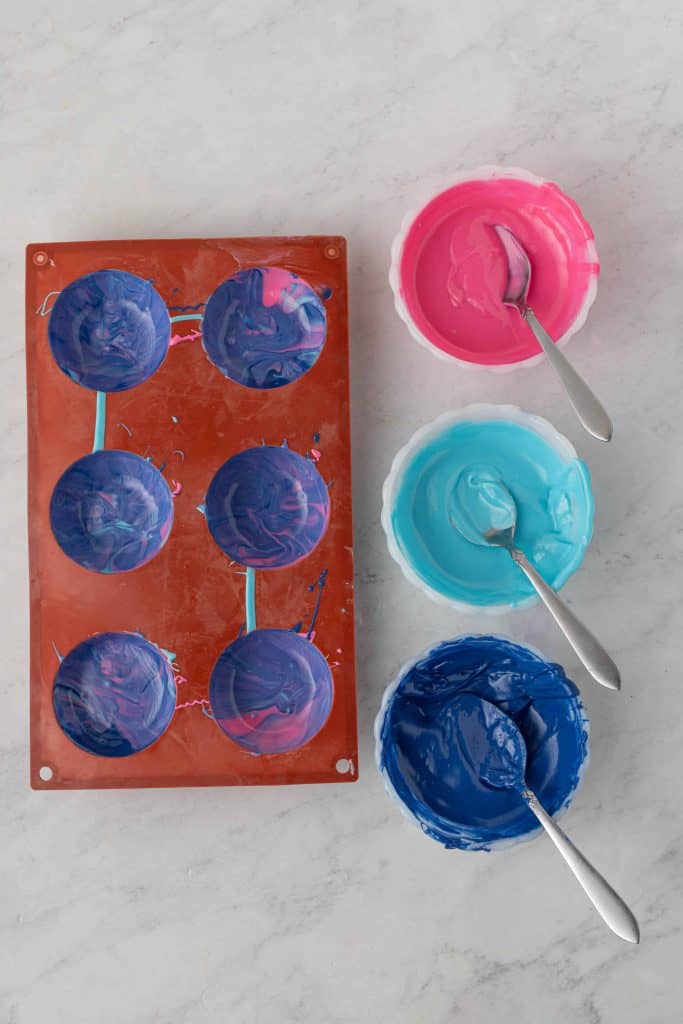 Swirled candy melts in silicone mold.