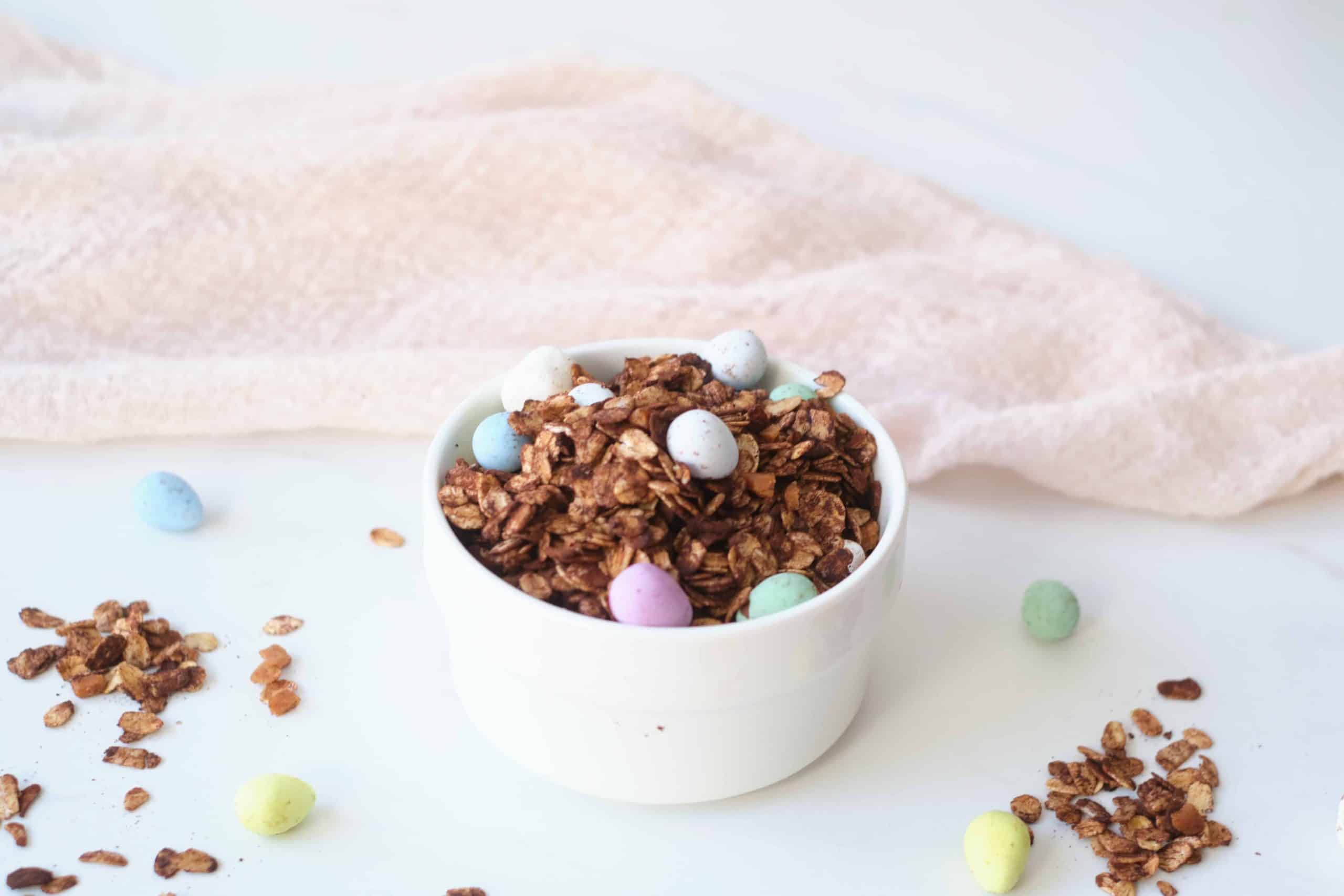 Homemade chocolate granola in a white bowl.