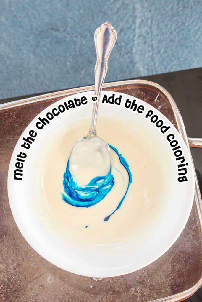 White chocolate in a bowl with blue food coloring.