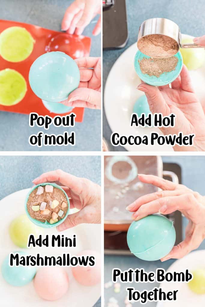 Steps to putting together hot cocoa bombs.